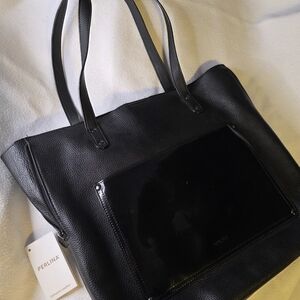 Perlina Black Leather Tote with Glossy Pocket